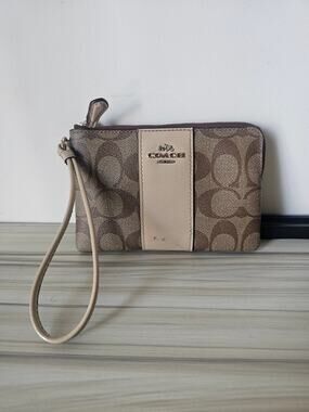 Coach Signature Canvas Wristlet in Brown and Beige